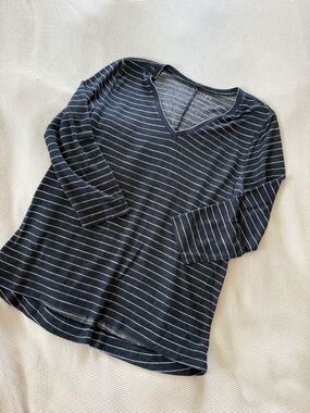 LOFT Navy and White Striped V-Neck Long Sleeve Top